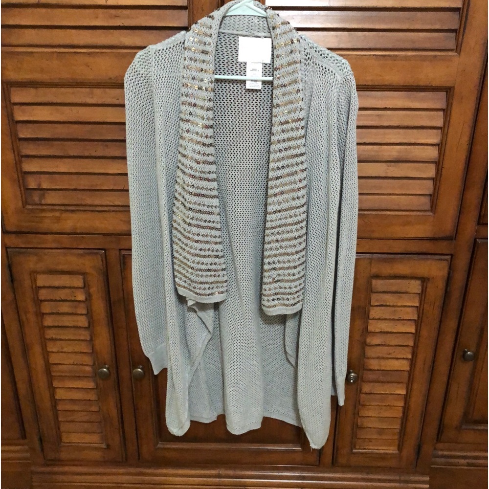 MM COUTURE Long Light Blue-Gray with Silver Sequins Cardigan - Size Medium ◀️